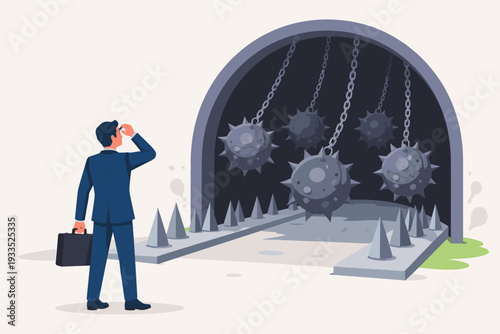 Businessman in Suit Standing Before a Dangerous Tunnel with Swinging Spiked Metal Balls and Floor Spikes, Concept of Business Risk, Challenge, Obstacles, and Strategic Decision Making Vector