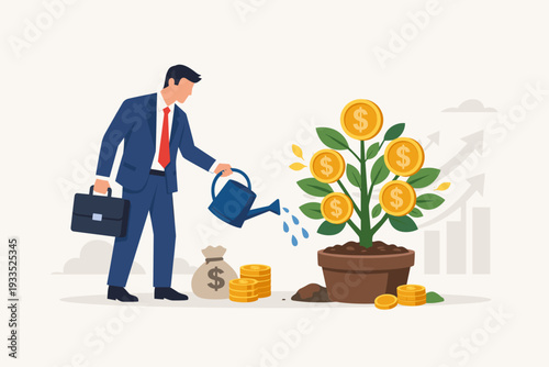 Successful businessman watering a money tree with gold dollar coins, representing financial growth, investment strategy, capital savings, wealth management, and business prosperity vector.