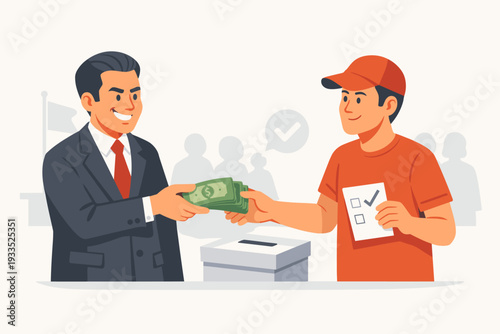Vector Illustration of a Corrupt Politician in a Suit Giving a Cash Bribe to a Young Voter Holding a Ballot Paper Near a Ballot Box, Representing Political Corruption and Illegal Vote Buying.