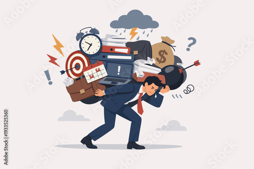 Overwhelmed Businessman Carrying a Heavy Burden of Work Responsibilities, Deadlines, and Problems on His Back, Illustrating Stress, Burnout, and Professional Pressure in a Corporate Environment.