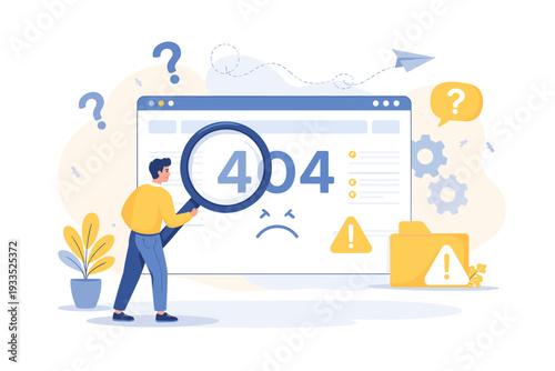 404 Error Page or File Not Found Vector Illustration. Man Looking at Website Message through Magnifying Glass. Concept of Technical Issues, Broken Links, Search Problems, and Web Troubleshooting.