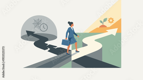 Businesswoman walking away from a dark path of old habits and stagnation towards a bright future of growth and productivity, choosing a new career path and positive lifestyle transformation.