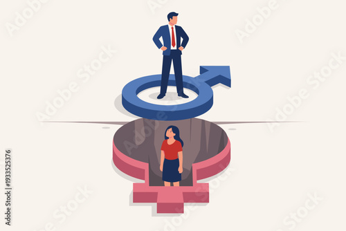 Conceptual Illustration of Gender Inequality and Social Discrimination Showing a Man Standing on an Elevated Male Symbol and a Woman Stuck in a Deep Pit Shaped Like a Female Gender Symbol.