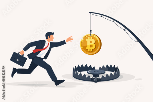 Businessman chasing a gold Bitcoin coin hanging from a fishing rod over a bear trap, symbolizing cryptocurrency fraud, financial scams, investment risks, and the dangers of digital money traps.
