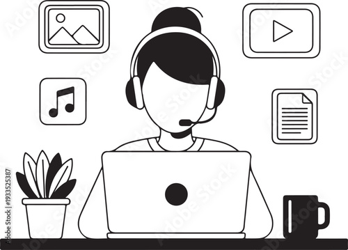 Young woman working on laptop with headphones, surrounded by multimedia icons, online worker, customer service concept