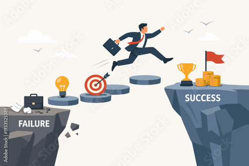 Businessman jumping from failure cliff to success peak, overcoming obstacles with ideas and goals, career growth concept, achievement, motivation, progress, and business strategy vector art.