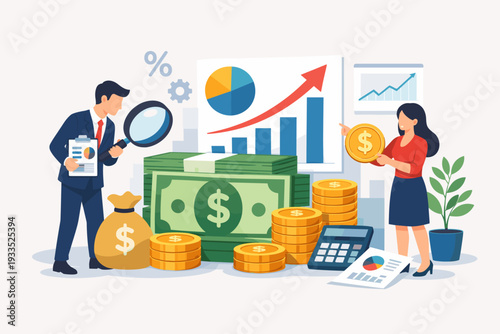 Financial management and analysis concept with businessman and businesswoman examining growth charts, dollar bills, gold coins, and money bags for investment planning and economic success.
