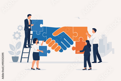 Business Teamwork and Partnership Concept with People Assembling a Large Handshake from Puzzle Pieces. Professional Men and Women Collaborating to Reach an Agreement and Build a Successful Deal.