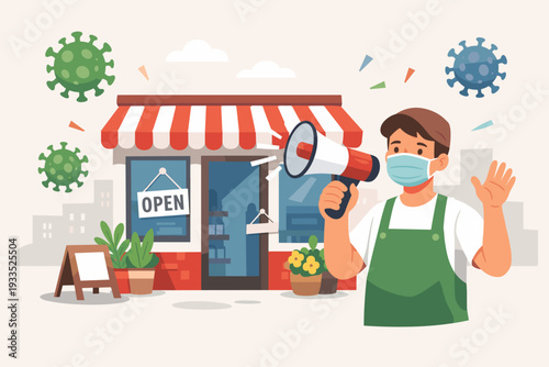 Small business owner wearing protective face mask holding megaphone in front of retail shop with open sign, reopening after coronavirus pandemic lockdown, new normal commerce concept illustration.