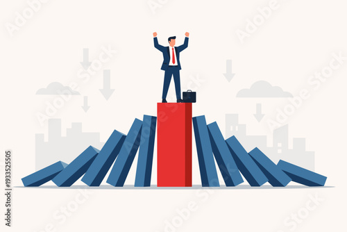 Successful Businessman Standing on a Strong Red Bar Graph Amidst Falling Blue Dominoes, Representing Market Resilience, Crisis Management, Winner Takes All, and Business Survival in Competition