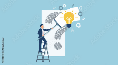 Businessman on a Ladder Cleaning a Question Mark to Reveal a Glowing Light Bulb, Symbolizing Problem Solving, Innovation, Finding Answers, Business Strategy, Creative Thinking, and Clarity.