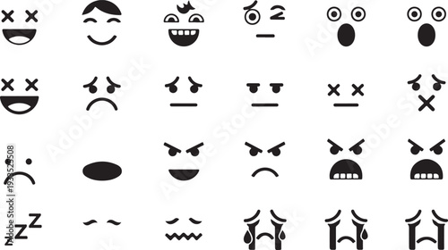Set of black emoji icons with various facial expressions such as happy sad angry and surprised isolated on transparent background