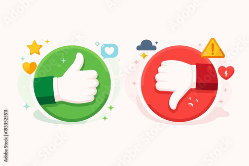 Symbolic Like and Dislike Icons for Customer Feedback Rating and Judgement. Positive and Negative Client Reaction with Thumbs Up and Thumbs Down Symbols in Green and Red Circles for Business Review.
