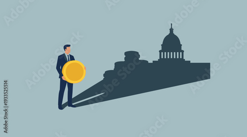 Businessman holding a gold coin casting a shadow of the US Capitol building and money stacks, symbolizing government spending, national debt, taxes, lobbying, and political financial influence.