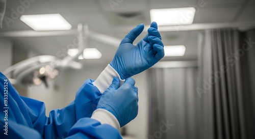 Healthcare worker putting on blue latex gloves in a medical setting