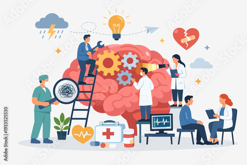 Mental Health Concept with Medical Specialists Working on a Giant Human Brain to Solve Cognitive Problems, Psychology, Neurology, Emotional Therapy, and Brain Function Vector Illustration.