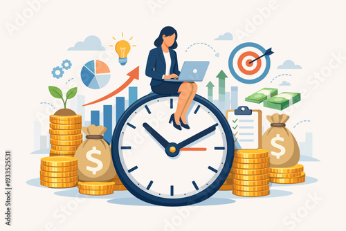 Businesswoman working on a laptop sitting on a giant clock surrounded by money, coins, and charts. Concept of time management, financial growth, productivity, and the value of time in business.