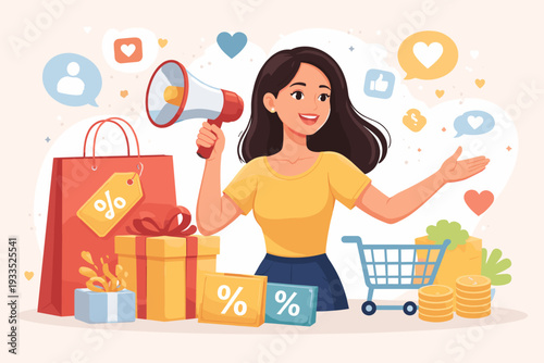 Young Woman Influencer Promoting Online Sale and Discounts with Megaphone, Shopping Bags, Gift Boxes, and Social Media Icons for Digital Marketing, E-commerce Advertising, and Retail Promotion