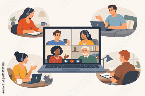Diverse business team having a video conference call on a laptop screen. People working from home in remote offices with headsets and laptops. Online virtual meeting and digital collaboration.