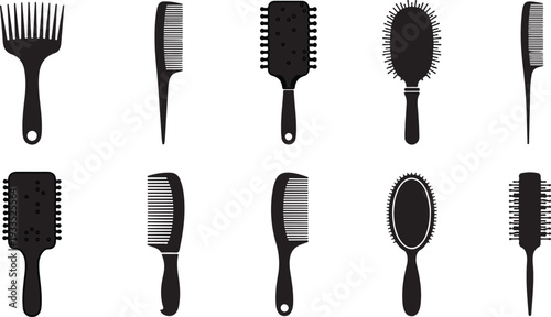 Hair care tools collection featuring various types of combs and brushes for styling and grooming isolated on transparent background