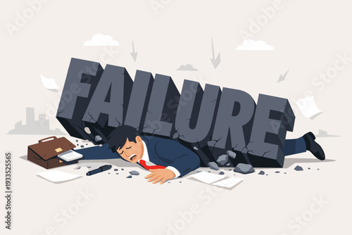 Businessman Crushed by Giant Stone Word Failure Representing Business Bankruptcy, Financial Crisis, Career Setback, Professional Stress, and Overwhelming Work Pressure Vector Illustration