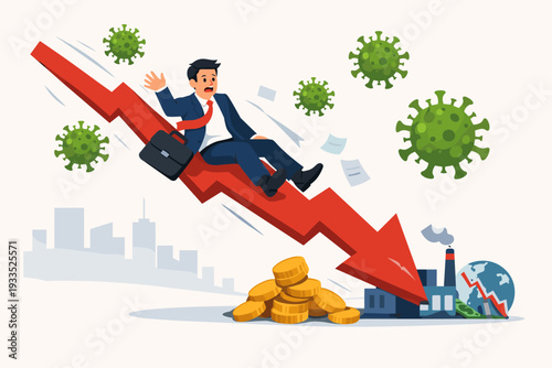 Global Economic Impact of Coronavirus Pandemic with Businessman Sliding Down a Falling Red Arrow Graph Representing Stock Market Crash, Financial Recession, and Business Crisis Illustration.