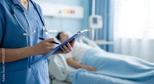 Nurse taking notes in a hospital room with a patient lying in bed