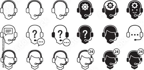 Set of customer service headset icons representing support and assistance with question marks and chat bubbles