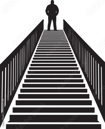 Silhouette of a person standing at top of long staircase leading upwards against a grey checkered background