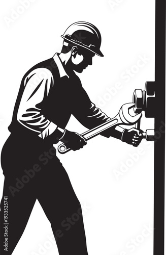 Silhouette of a male worker wearing hard hat using wrench on machinery on a grey checkered background
