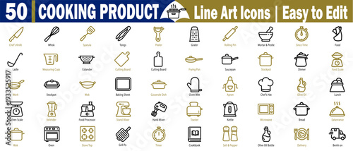 Cooking product line art icons. Depicting advanced kitchen machinery and essential utensils for high-quality culinary project designs, vector illustration.