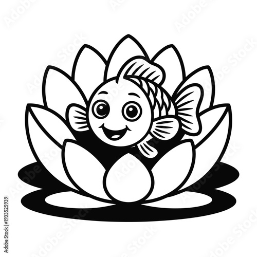 Smiling cartoon goldfish peeks from happy lotus flower bloom.