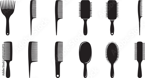 Collection of black silhouettes of various hair brushes and combs. Styling tools
