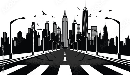 Black and white urban cityscape silhouette featuring a highway road with crosswalk street lights and birds flying over tall skyscrapers