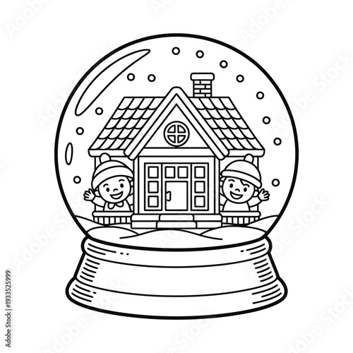 Children peek out from winter cabin inside glass snow globe.