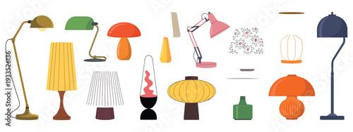 table lamps collection, stylish modern and vintage inspired electric lighting decor for bedroom bedside tables and office desks, detailed lampshade designs in flat vector illustration isolated on whit