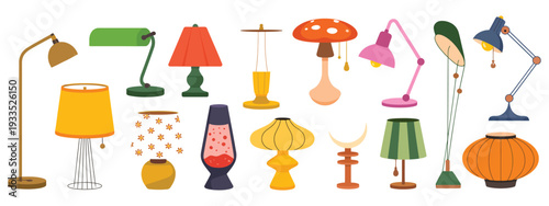 table lamps collection, stylish modern and vintage inspired electric lighting decor for bedroom bedside tables and office desks, detailed lampshade designs in flat vector illustration isolated on whit