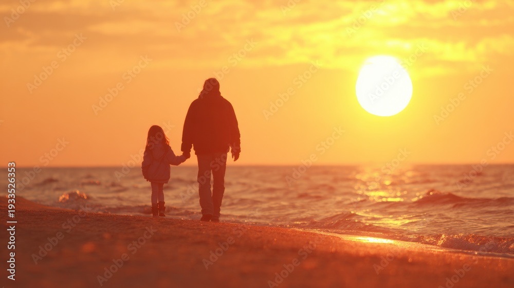 Fototapeta premium Father and daughter walk along the beach at sunset with golden sky above