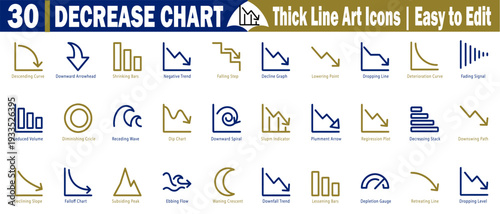 Decrease chart thick line art icons. Showing thirty variations of negative market trends, financial decline, and statistical data analysis visualization vector illustration.