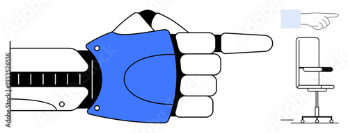 Robotics, automation, technological advancements, human-machine interaction, AI, and workplace design. A robotic hand and human hand pointing near a simple chair. Robotics and automation concept