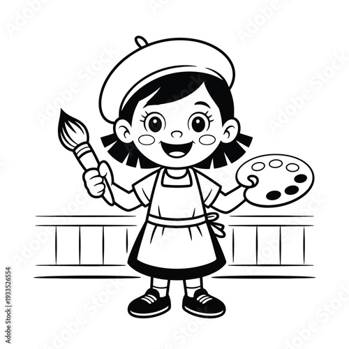 Young artist girl holding paintbrush and palette smiles brightly.