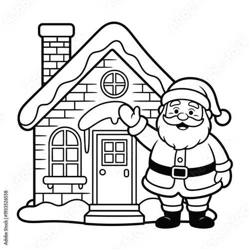 Santa Claus waves cheerfully beside snowy brick winter dwelling.