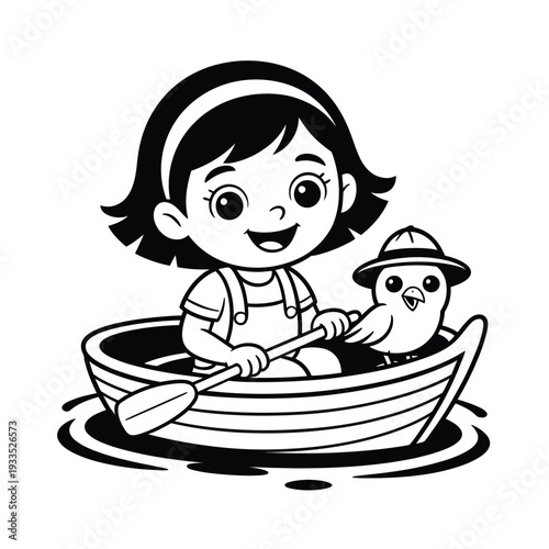 Child steers small rowboat on water with companion bird.