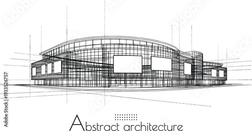 Abstract black and white vector architecture background featuring a low-angle technical sketch of a modern curved commercial building