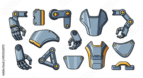 A detailed assortment of robotic body parts, featuring arms, hands, and chest plates with yellow accents, is scattered across a clean white background.