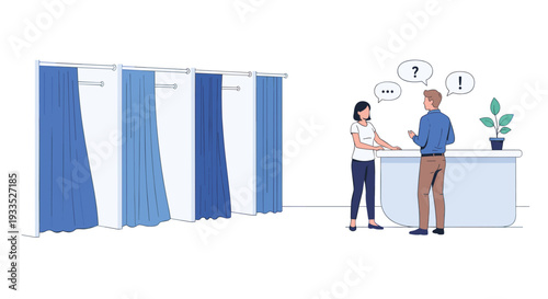Four blue changing rooms are positioned next to a reception counter where a man and woman are conversing on a white background.