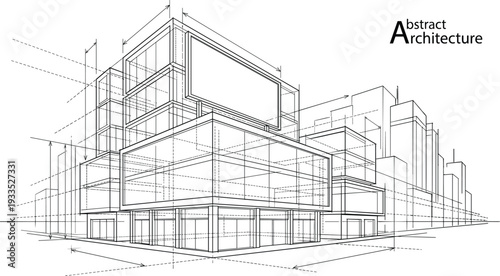 Abstract black and white vector architecture sketch of a modern commercial building corner with technical dimension lines