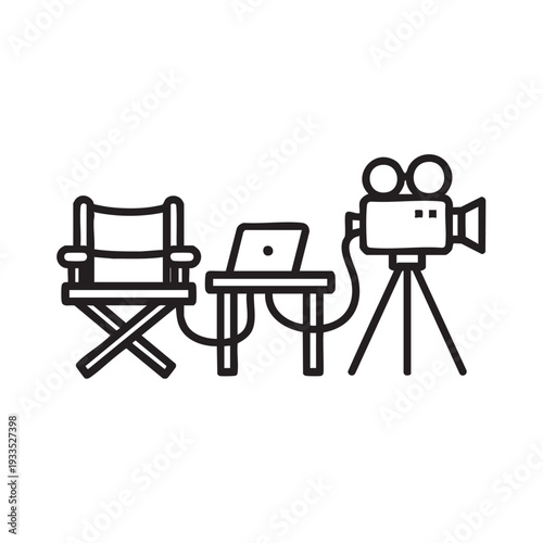 A director's chair, laptop, and camera setup on a film set from a straight-on viewpoint