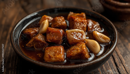A delicious Filipino pork adobo in a rich glossy soy and vinegar sauce served in a rustic ceramic bowl