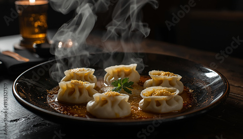 A delicious traditional Georgian khinkali dumplings served on a dark ceramic plate with authentic Caucasus presentation